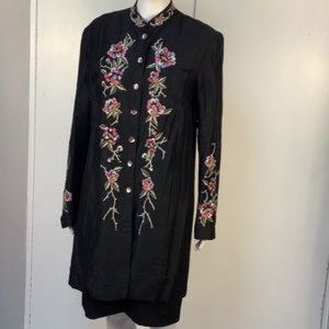 Vintage Silk Blend Black Floral Embroidered Mandarin Collar Duster Jacket Sz S